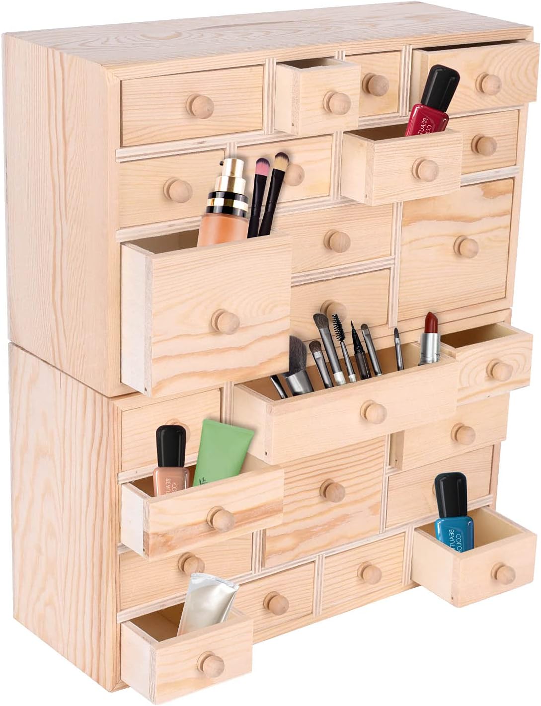 Vencer Set of 2 Wooden Countdown to Christmas Advent Calendar,Craft Storage Organizer with 24 Drawers,DIY Unfinished Wood,Apothecary Cabinet,Kids Craft Idea Organizer,14in x 11.8in x 4.3in,VYO-066