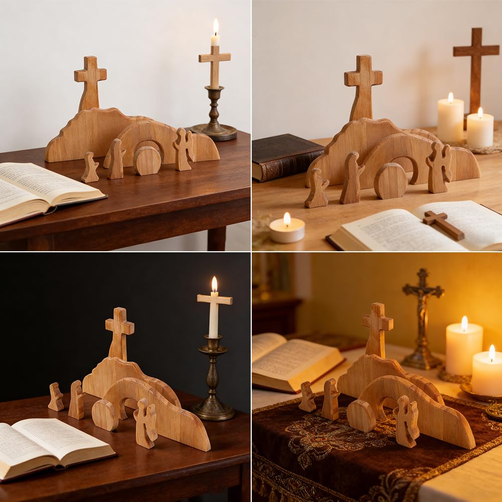 YOSINXU Empty Tomb Easter Scene and Christian Cross Decoration, Wooden Easter Resurrection Scene Cross Jesus Tomb Tray Set, Easter Decor for Religious Home Office Tabletop Christian Gifts