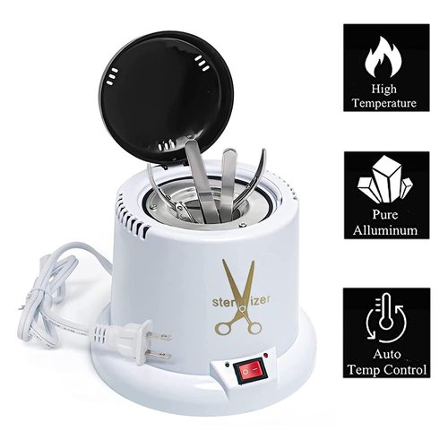 GoLashFun Nail Tool Sterilizer Machine,High Temperature Sterilizer Nail Tool Cleaning Pot for Nail Art Salon,Hair Cutting Scissors Cleaning Equipment (White with Glass Bead)