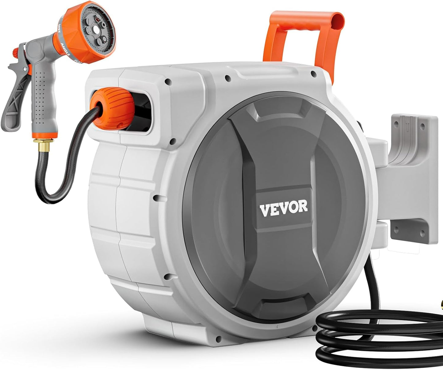 VEVOR Retractable Garden Hose Reel - 1/2 Inch x 84 ft Heavy Duty Wall Mounted with 9-Pattern Nozzle & 180° Swivel Bracket