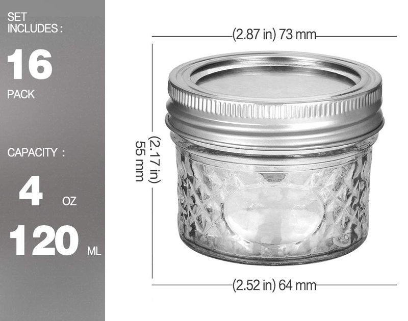 VERONES Mason/Canning Jars, 4 OZ Jelly Jars With Regular Lids and Bands, Ideal for Jam, Honey, Wedding/Shower Favors, DIY Spice Jars, 16 PACK, Extra 16 Lids