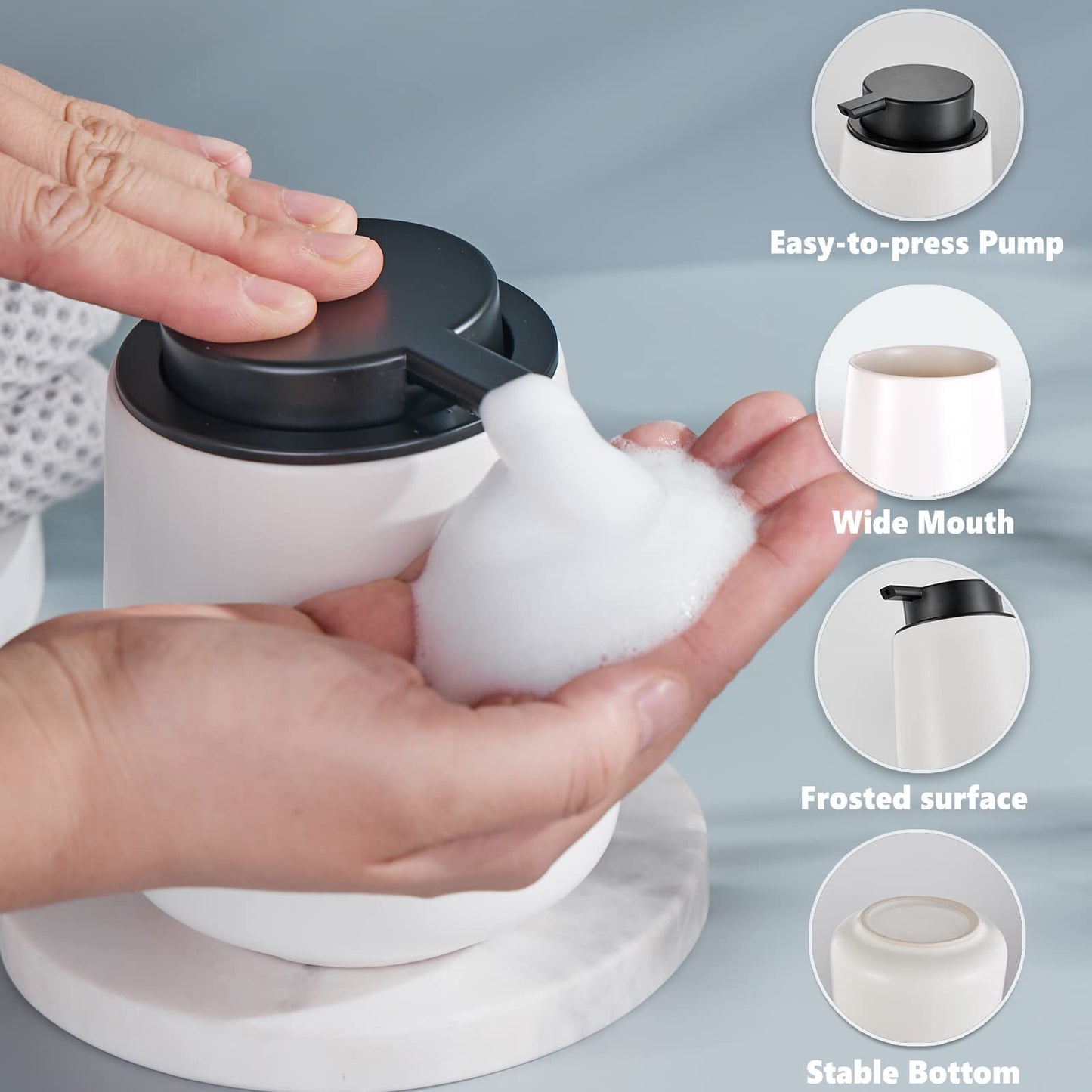12Oz White Foam Soap Dispenser - Ceramic Foaming Hand Soap Dispenser Set with Easy-to-Press Pump, Refillable Liquid Dish Soap Dispenser for Bathroom and Kitchen, 2 Pack