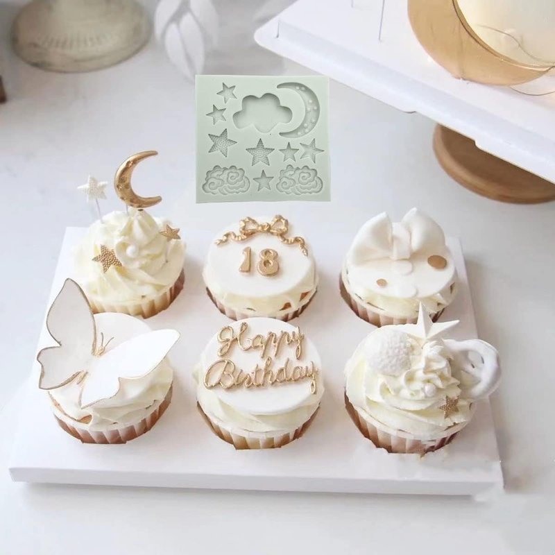 3Pcs White Star Moon Clouds Shaped Silicone Fondant Molds, Candy Chocolate Molds for DIY Cake Fondant Cookie Cloud Fondant Mold Moon For Candy Baking Sugar Cakes Decorating Candy Making Supplies