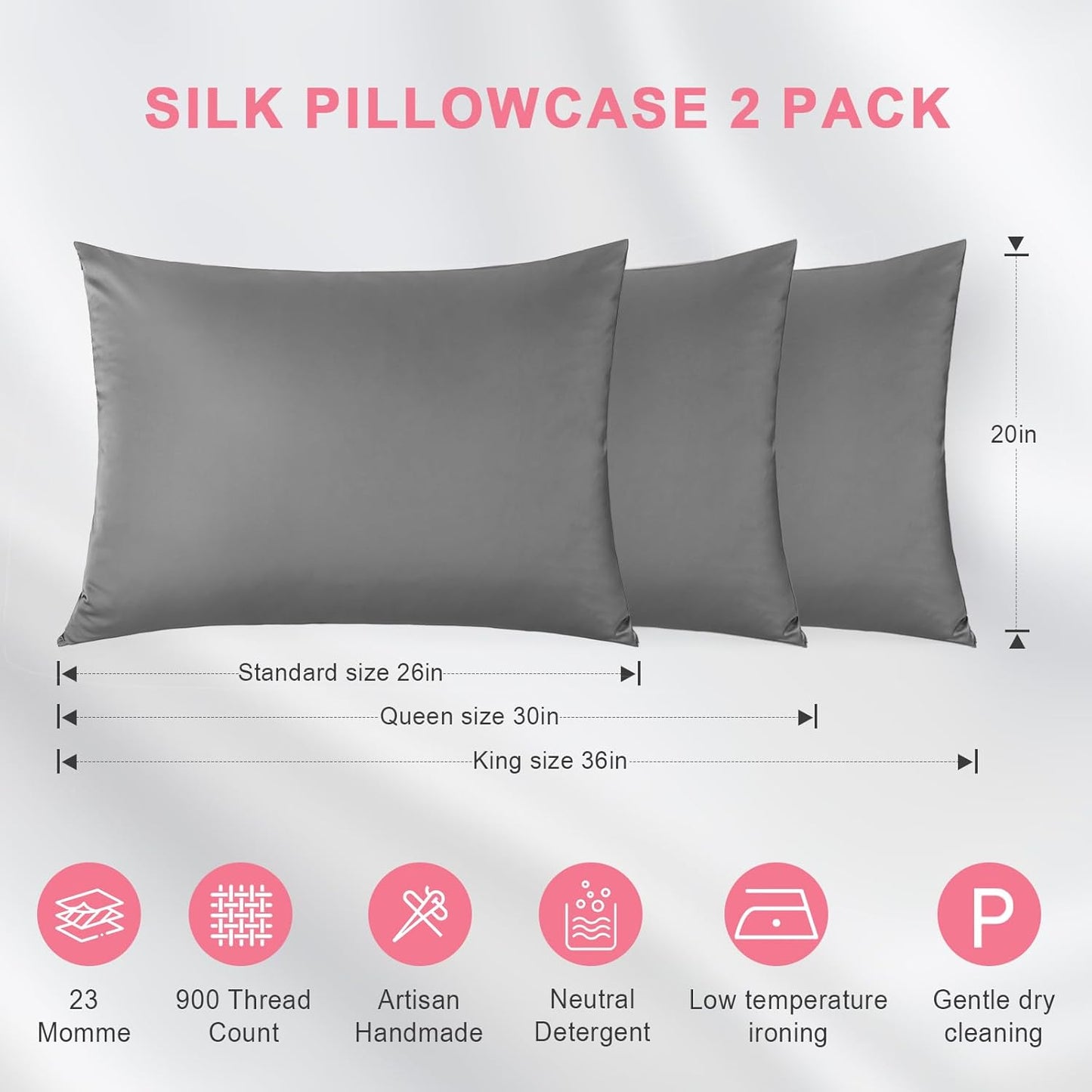 Skiennix 100% Silk Pillowcase Set - 23 Momme Grade 6A+ Mulberry Silk for Hair & Skin | Gray, Standard 20×26