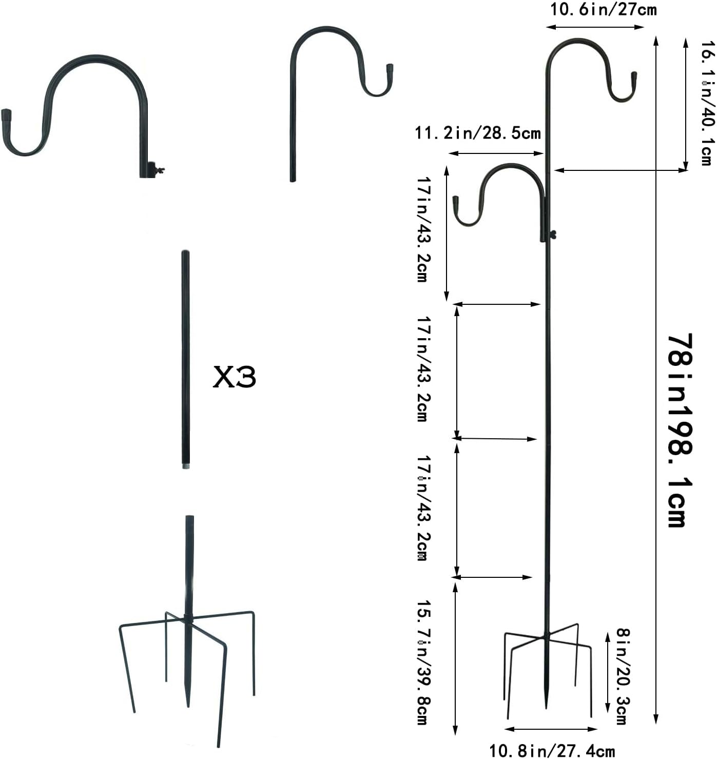 MIPON Double Shepherds Hooks - Adjustable 78 Inch for Outdoor Bird Feeders & Hanging Plants | Heavy Duty Garden Decor