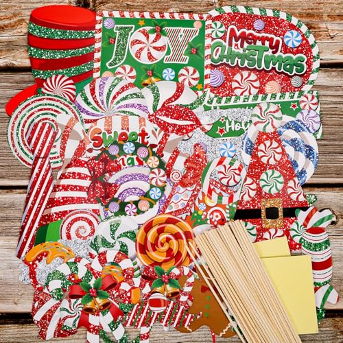 HOWAF 30pcs Glitter Photo Booth Props Set – Peppermint Candy & Lollipop Christmas Party