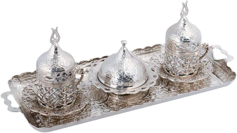 Alisveristime Turkish Coffee Set for Two - Authentic Ottoman Style Cups, Saucers, and Serving Tray with Lale Motifs (Acur) (Copper)