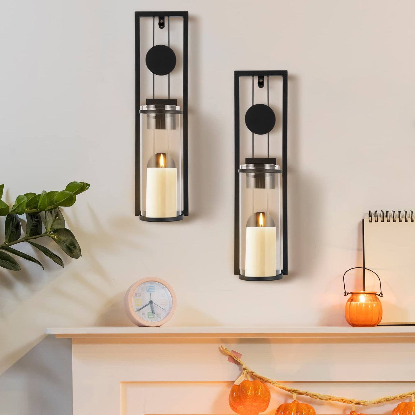 Candle Sconces Wall Decor Set of 2 Black Candle Holders Glass & Metal Candle Wall Sconces Hanging Candle Holders, Fireplace Mantel Decorations for Living Room Dining Room Kitchen Bathroom Bedroom Wall