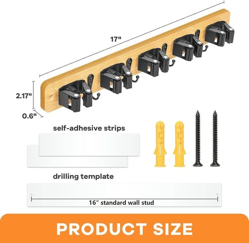 IMILLET Broom Holder Wall Mount - Bamboo Mop and Broom Organizer with 5 Racks & 4 Hooks | Ideal for Home Storage