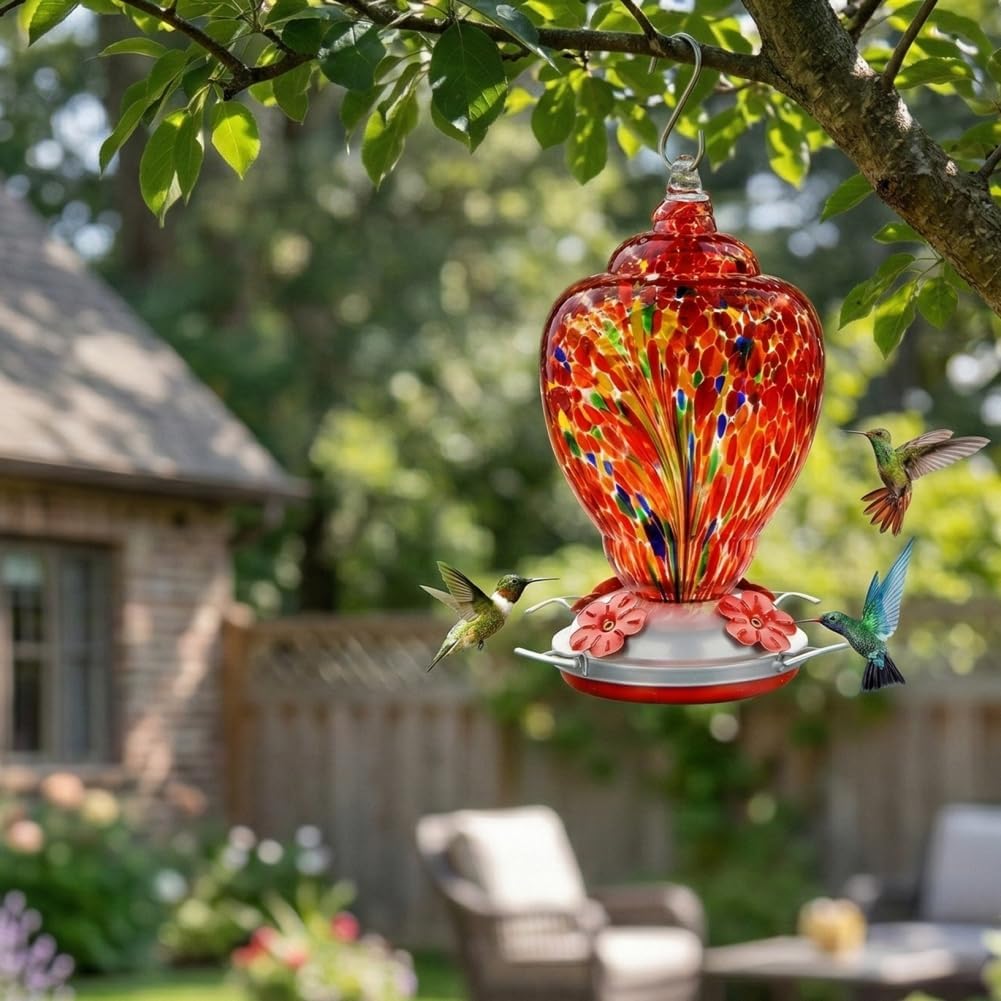 WOSIBO Hummingbird Feeder - Large 32 Ounce Colorful Hand Blown Glass with Ant Moat & Accessories | Red Firework