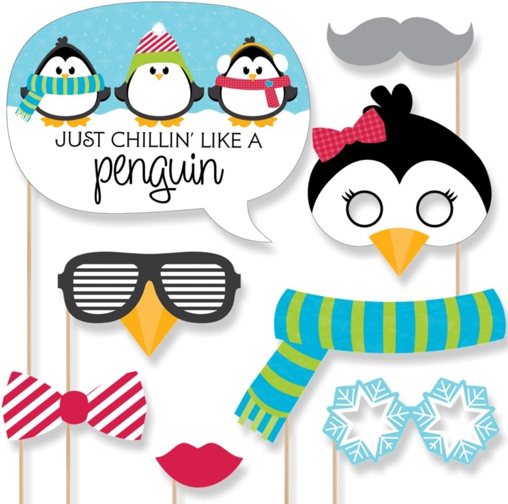 Holly Jolly Penguin Christmas Photo Booth Props Kit - 20 Fun Holiday Accessories