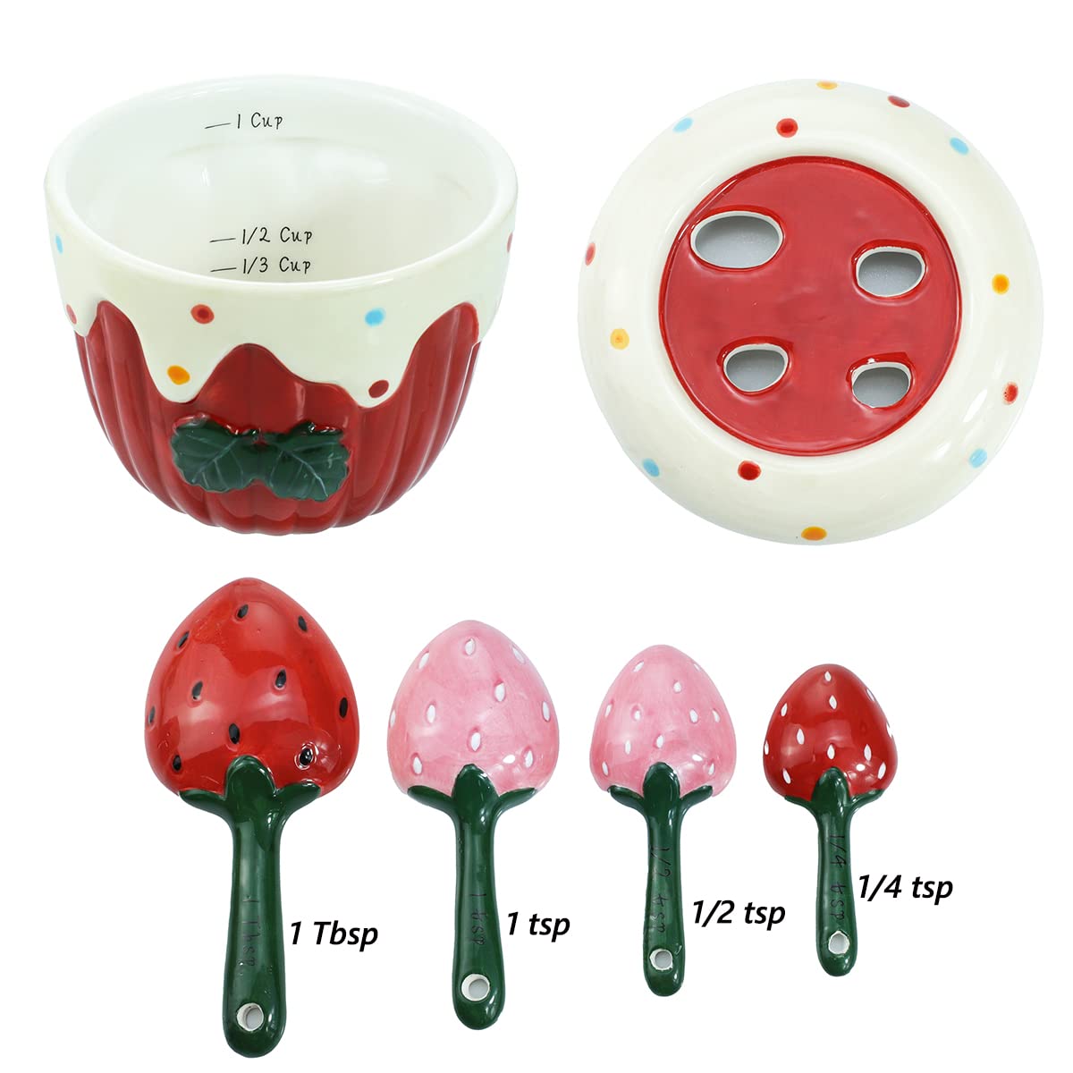 Sizikato 4pcs Porcelain Measuring Spoons with Base, Strawberry Cream Cake Shape