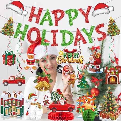 Happy Holidays Decorations - Christmas Party Decorations with Banner for Friendsmas Party