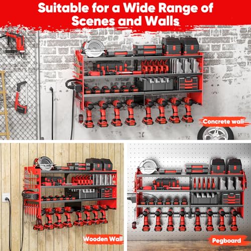 POKIPO Red Large Power Tool Organizer Wall Mount with Charging Station, 4 Layers, Heavy Duty Metal Shelf, 600 lbs Capacity