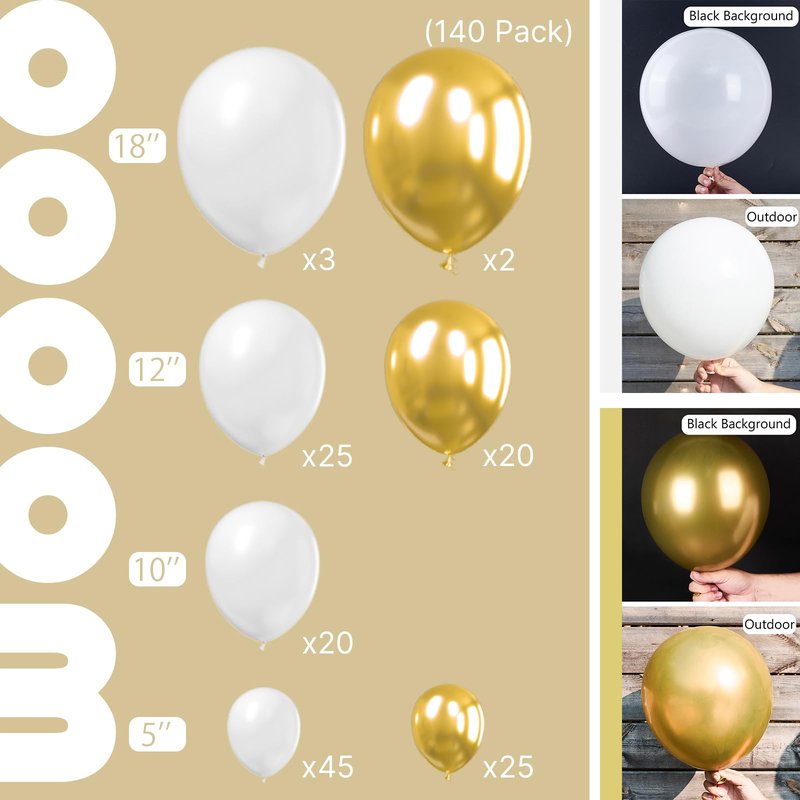 PartyWoo White and Gold Balloons, 140 pcs White and Metallic Gold Balloons Different Sizes Pack of 18 Inch 12 Inch 10 Inch 5 Inch for Balloon Garland or Arch as Birthday Decorations, Party Decorations