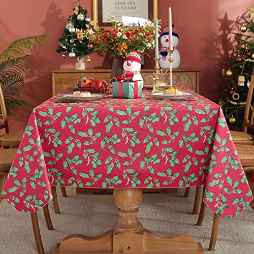 SASTYBALE 60 x 120 in Red Floral Holly Tablecloth | Vinyl with Flannel Backing, Waterproof Rectangle Plastic Table Cover