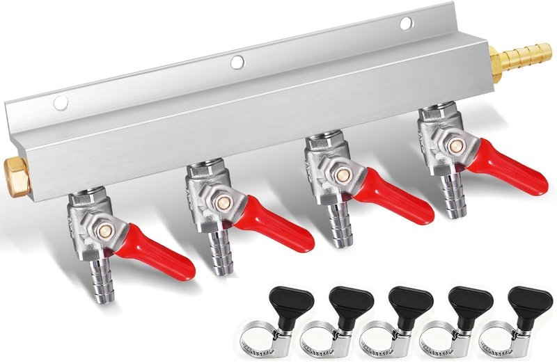 WELLBOM CO2 Manifold, 4-Way CO2 Gas Distributor O.D 5/16'' Barb Fitting Beer Keg Gas Manifold Kegerator CO2 Splitter with Integrated Check Valves & 5PCS Hose Clamps