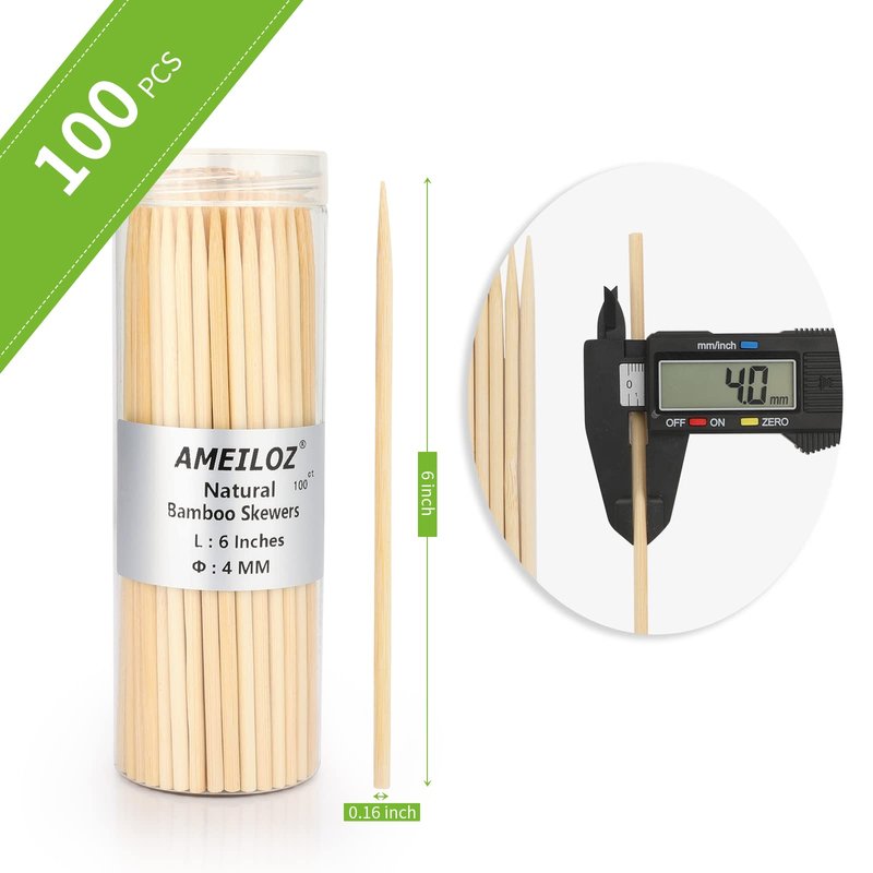 6" Bamboo Wood Skewers for BBQ, Kabob, Appetizer, Fruit, Sausage, Chocolate Fountain, Natural Wooden Barbecue Kebob Skewer Stick, Organic Food Sticks for Grilling, Kitchen (Φ=4mm Thick, 100PCS)