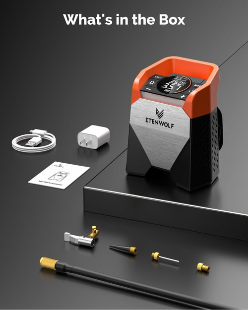 ETENWOLF Zephyr S5 Heavy-Duty Tire Inflator - 160PSI Portable Air Compressor with LED Light | Vivid Orange