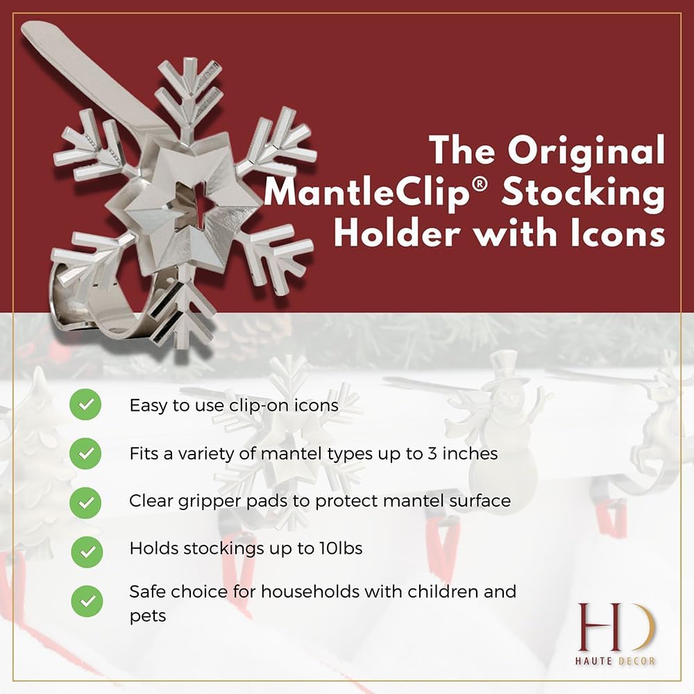 Gold MantleClip Stocking Holders Set - 4-Pack Removable ZINC Alloy Holiday Icons