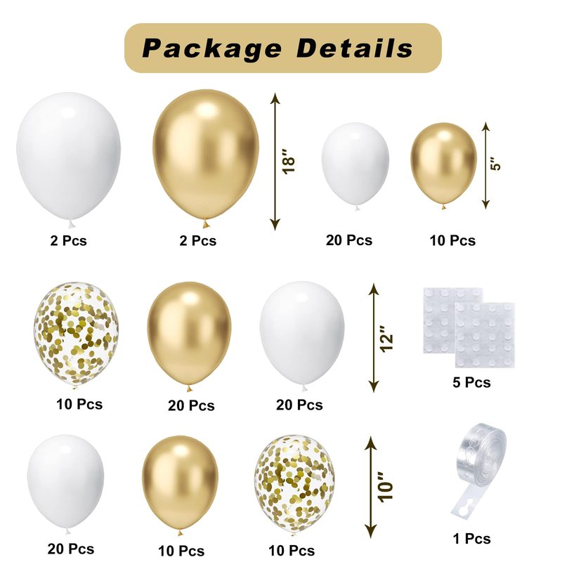 White and Gold Balloons Arch Kit, 124pcs White Gold Confetti Metallic Latex Balloons Arch for Baptism, Baby Shower, Birthday Party Decorations