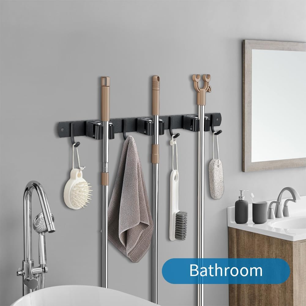 Stainless Steel Broom Hanger & Mop Holder | Heavy-Duty Garden Tool Organizer Rack - Matte Black, 2 Pack