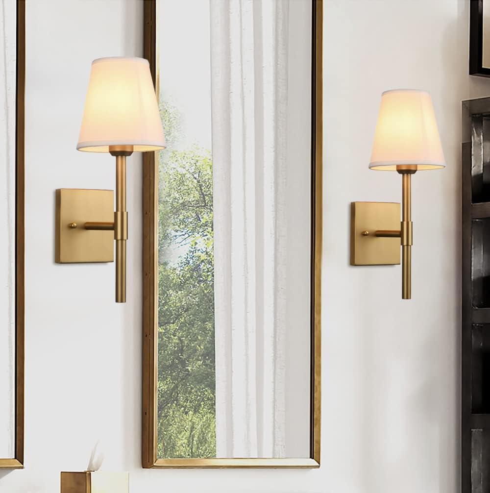 Pathson Set of 2 Hardwired Bathroom Wall Sconces with White Fabric Shade, Cloth Wall Mounted Lighting for Living Room Bedroom Hallway Matte Black Finish Base