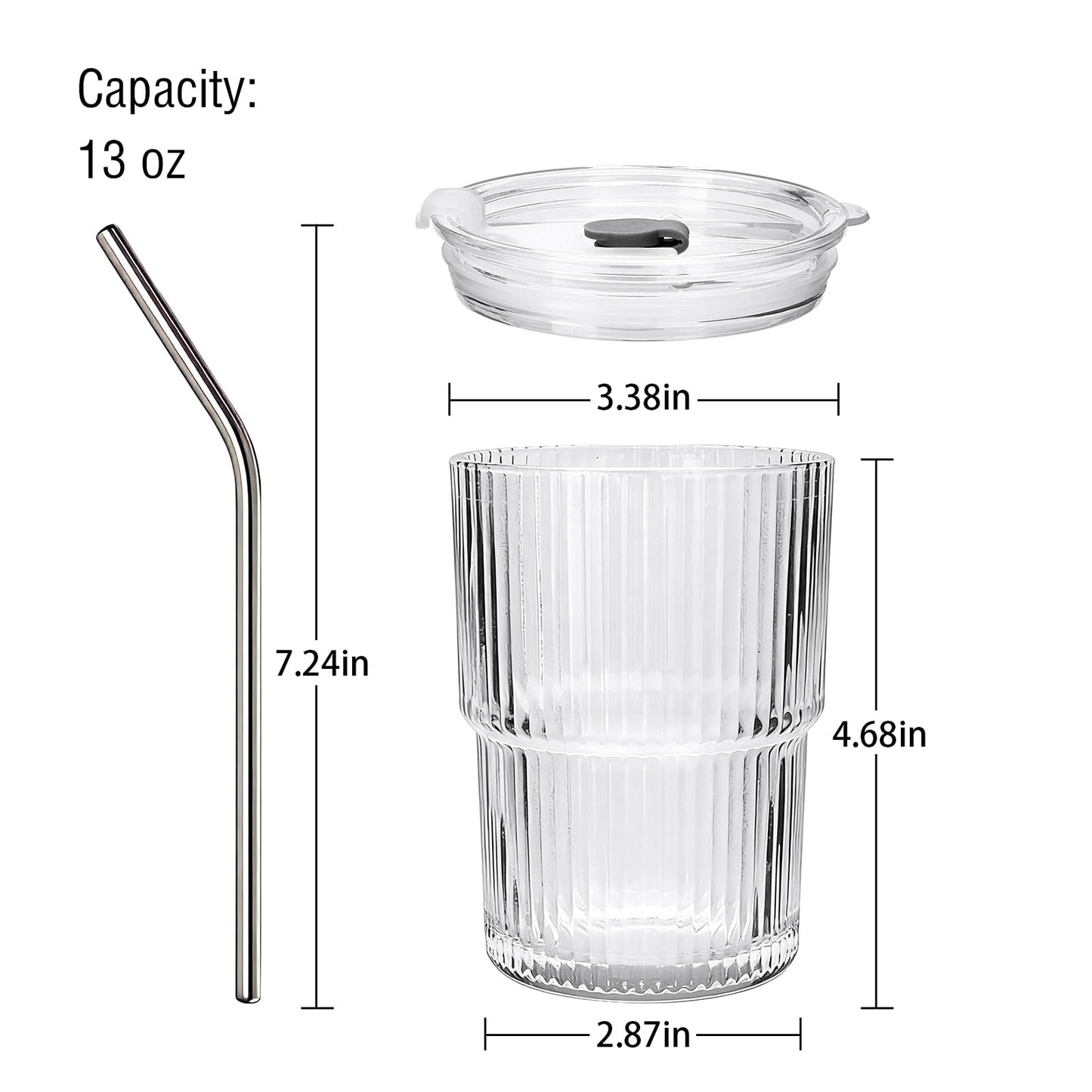 Woaiwo-q 6 Pack 13oz Ribbed Glass Tumbler with Lid and Straw, Iced Coffee Cup Set, Boba Aesthetic Drinking Mug, Coffee Glasses for Matcha Smoothie Juice Tea Latte Cappuccino Cocktail