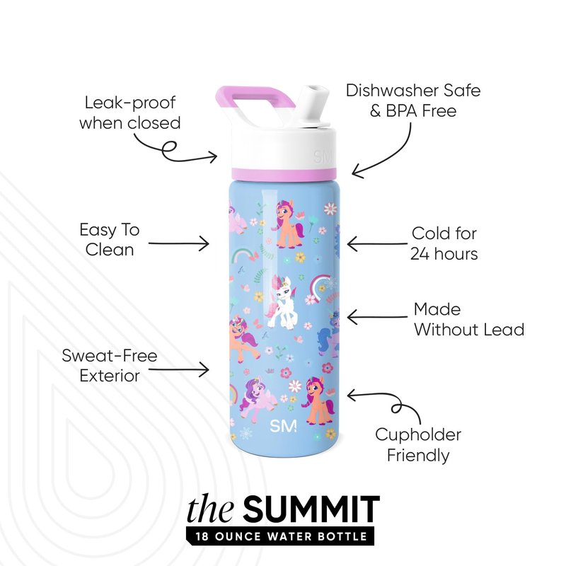 Simple Modern Kids Summit Water Bottle with Straw Lid | My Little Pony Kids 18oz Stainless Steel Cup Insulated Tumbler for Girls, School | Garden of Rainbows