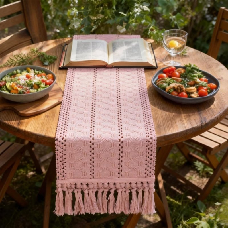 Socomi Boho Table Runner Summer Farmhouse Rustic Dining Kitchen Centerpiece Decor Long Macrame Woven Cotton Linen Coffee Table Runner for Dresser Scarf Home Decor 12x108 in Pink