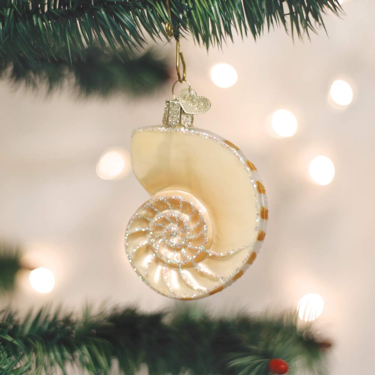 Beach Shells Glass Blown Ornaments for Christmas Tree - Junonia Shell, Tan/Brown/White/Gold