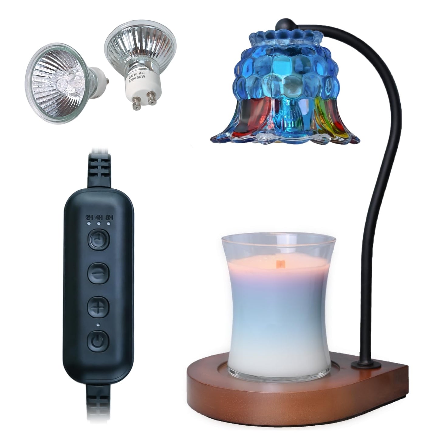 Candle Warmer Lamp Timer - BlueColorful Glass Flower Electric Candle Lamp, Birthday Gifts for Women, for Mom, House Warming Gifts New Home, Candle Warmer for Jar Candles with 2 Bulb