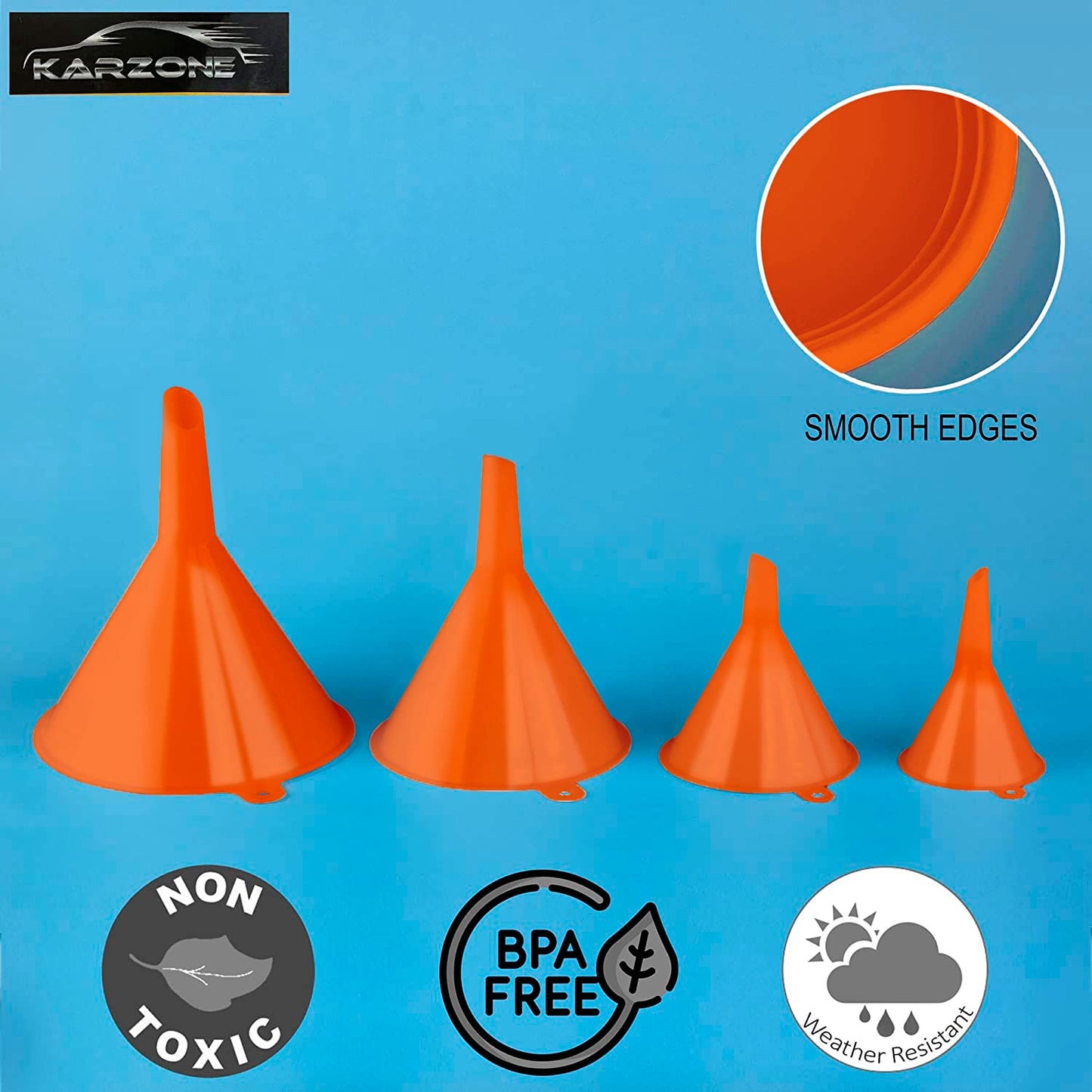 KarZone Oil Funnel Set (Orange, 4-Pack) – Plastic Funnels for Automotive Use – Funnels for Kitchen Use Filling Bottles and containers – Funnel for Water Bottles, Gas, Car Oil, Lubricants and Fluids