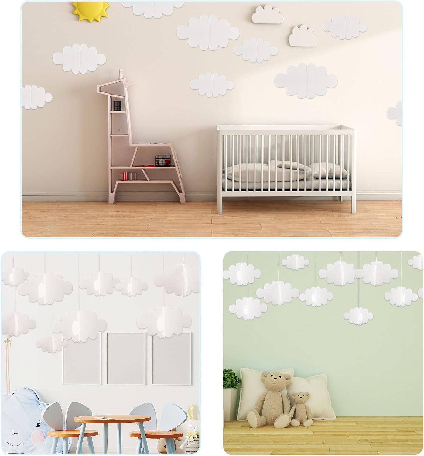 Skiennix 16 Pcs 3D Cloud Decorations - Hanging Artificial Cloud Ornaments for Nursery & Party Decor
