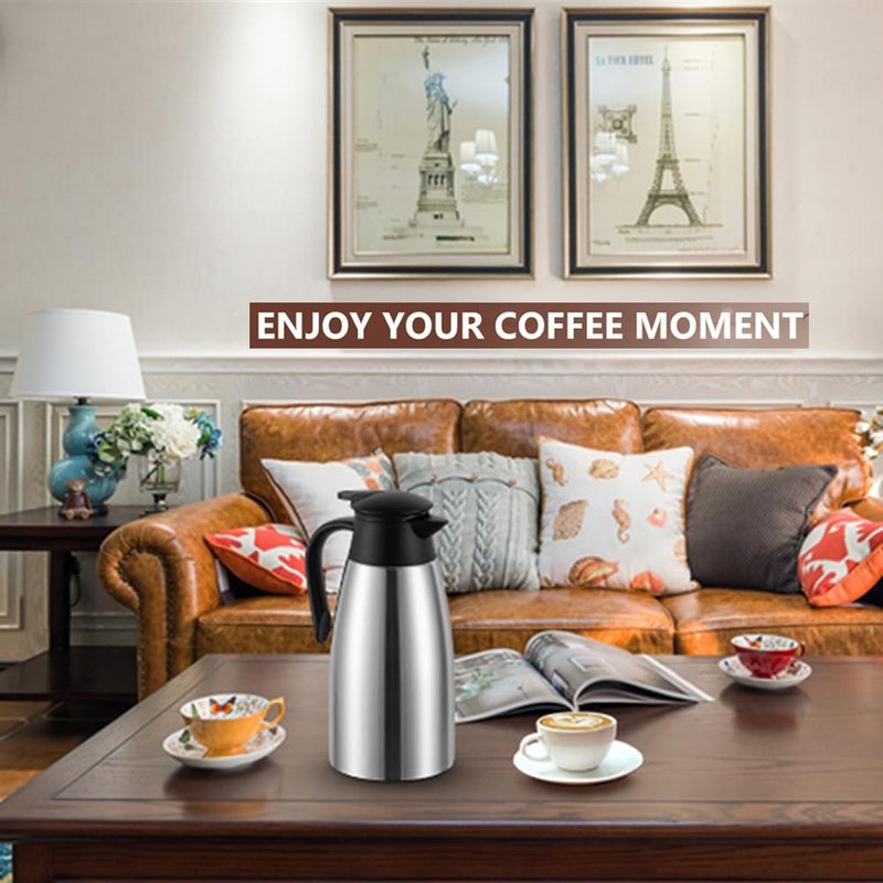 70 Oz Insulated Thermal Coffee Carafe Stainless Steel Double Walled Vacuum Coffee Thermos, Hot Water, Tea, Hot Beverage Dispenser, Keep 24 Hour Heat Retention/12 Hour Cold Retention (Sliver, 2L)