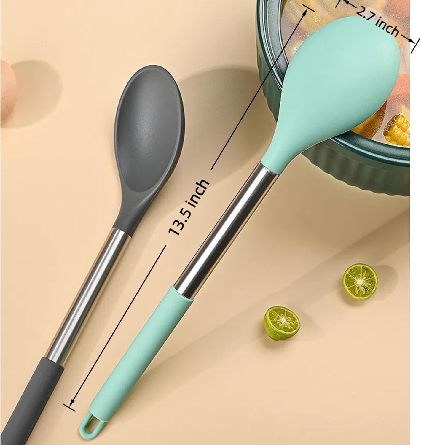 Skiennix Silicone Cooking Spoon Set - 3-Pack Heat Resistant Kitchen Utensils | 13.2" Non-Stick Server Spoon