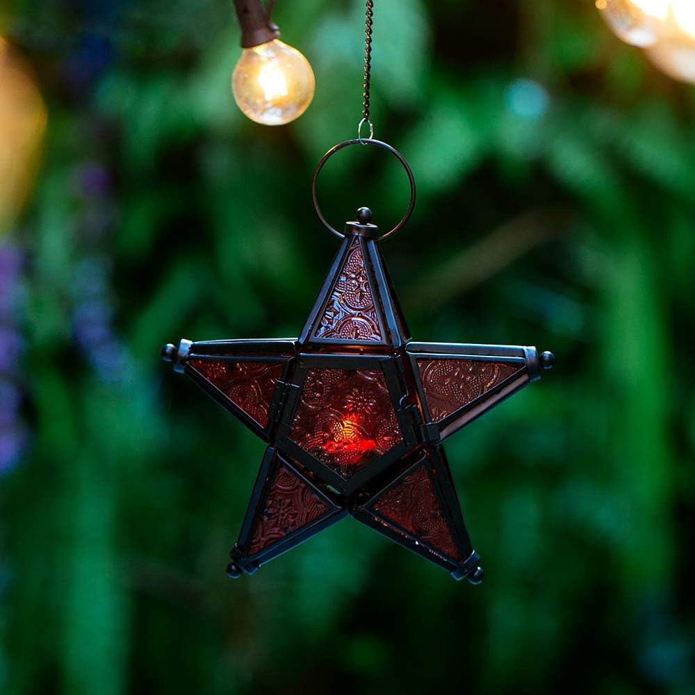 Purple Star Lantern Candle Holder - Decorative Hanging Glass Lantern for Home & Garden