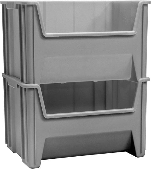 Akro-Mils Stak-N-Store Heavy Duty Stackable Storage Bins - Open Front Design, Gray, 15" x 20" x 12.5" (3-Pack)