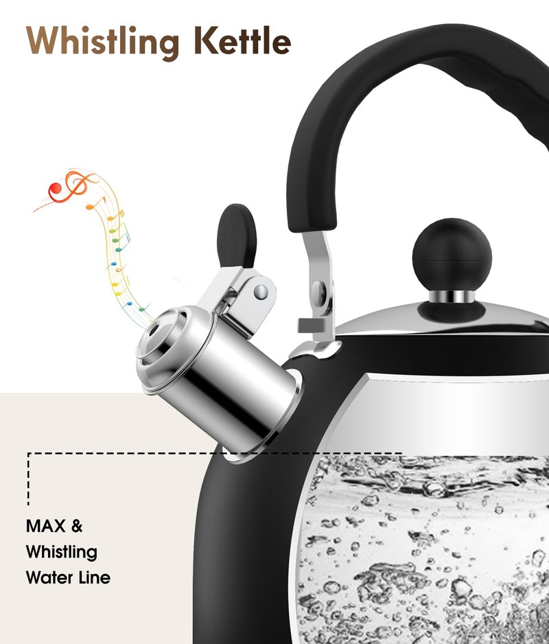 Premium Stainless Steel Tea Kettle for Stove Top - 2 Quart Classic Stovetop Teapot, Loud Whistle Kettle with Ergonomic Handle - Ideal for Hot Water & Tea,Coffee & Kitchen Decor(black)
