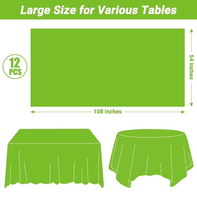 QZYL 12 PCS Bright Plastic Table Cover, 54 X 108 in Rectangle Disposable Table Cloth for Picnic, Light Green Plastic Tablecloth for Parties Weddings Graduation Birthday