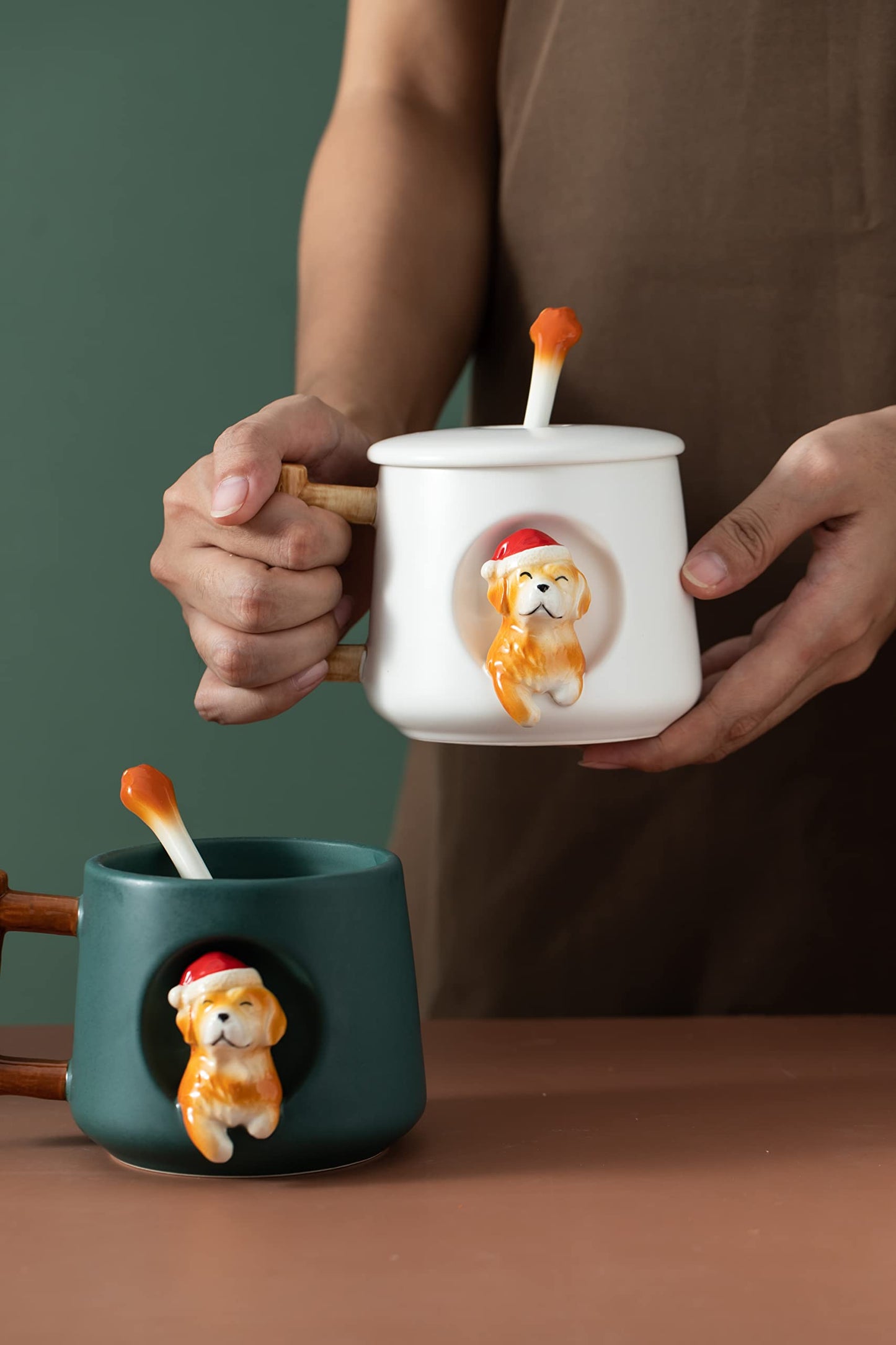 DIHOclub Ceramic Coffee Mug with Lid and Matching Spoon,Novelty 3D Golden Retriever Pattern Mug for Tea Milk Chocolate Juice,Cute Cup for Dog Lovers,Perfect Christmas Gifts-14 Ounces(white)