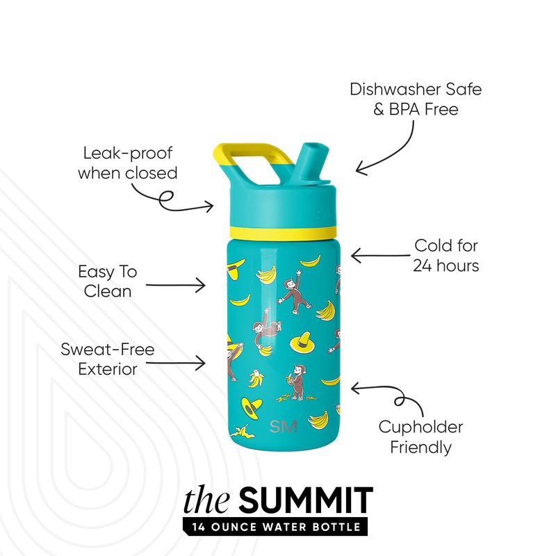 Simple Modern Kids Summit Water Bottle with Straw Lid | Curious George 14oz Stainless Steel Cup Insulated Tumbler for Toddlers, School | Monkeying Around