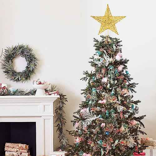 Glittered Christmas Tree Topper, 8 Inch Gold Glitter Christmas Tree Ornaments Metal Hollow Star for Christmas Tree Home Decoration for Home Xmas Holiday Party