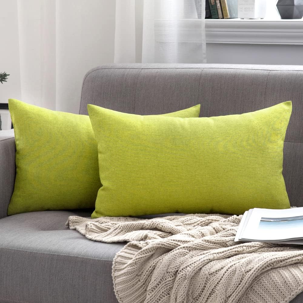 MIULEE Decorative Outdoor Throw Pillow Covers - Waterproof Faux Linen Cushion Cases | 20x12 Inch Green, Set of 2