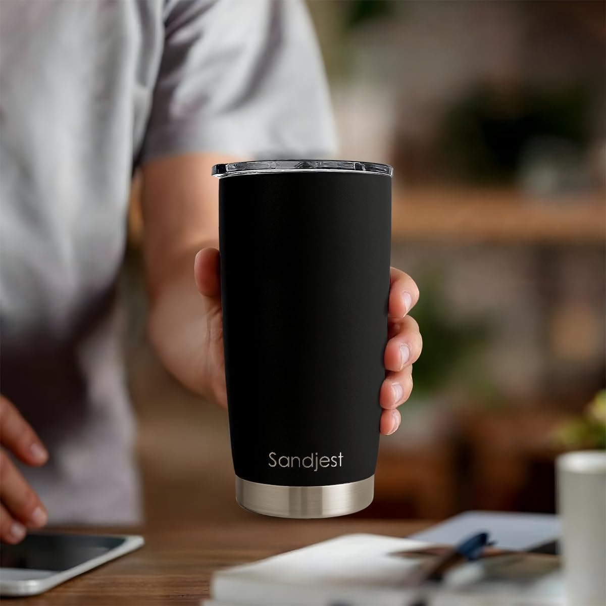SANDJEST 20oz Black Tumbler - Stainless Steel Double Wall Vacuum Insulated Travel Coffee Cup