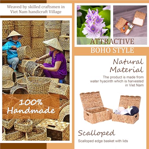 Set of 2 Rectangular Wicker Storage Baskets with Lids - Scalloped Edge, Natural Water Hyacinth