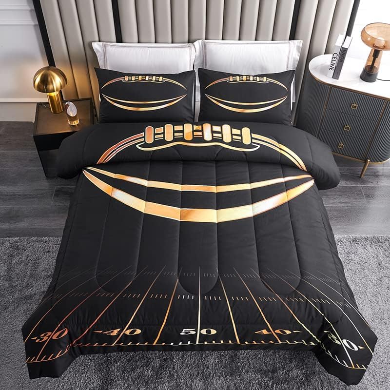 Football Comforter Sets,6 PCS Football Bedding Set,Kids Comforter Sets for Boys,Twin Black and Gold Bed Sets for Boys,Bed in A Bag with Sheets