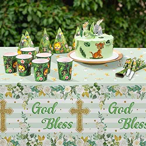 God Bless Baptism Tablecloth - 3-Pack Green Baptism Table Cover Christmas Winter Xmas New Year Party God Bless Cross Religious Waterproof Rectangle First Communion Baby Shower(54x108 Inch)