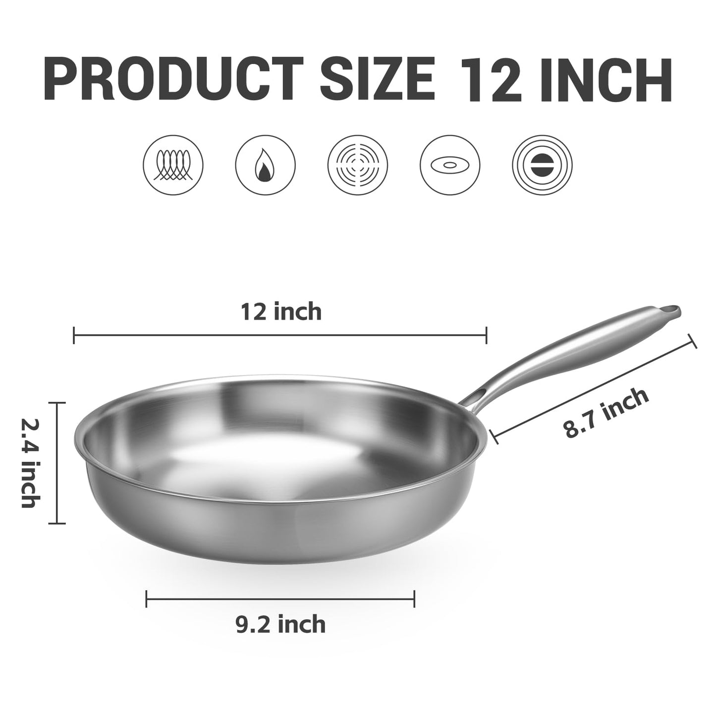 Kirecoo Tri-Ply Stainless Steel Pan - 12 Inch Frying Pan, Fast and Even Heat Stainless Steel Skillet, Induction Cookware, Dishwasher and Oven Safe Skillet