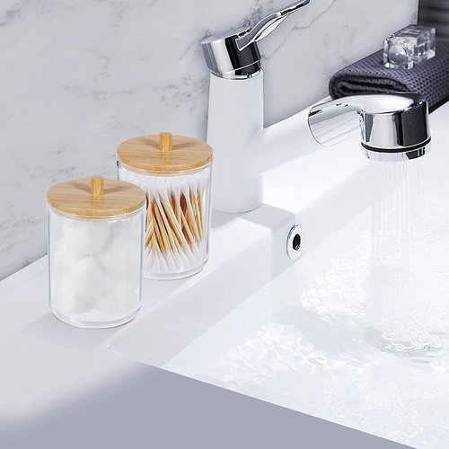 **Qtip Holder Dispenser | Bamboo Lids & Vanity Tray - 10 oz Clear Plastic Apothecary Jar for Makeup Storage**